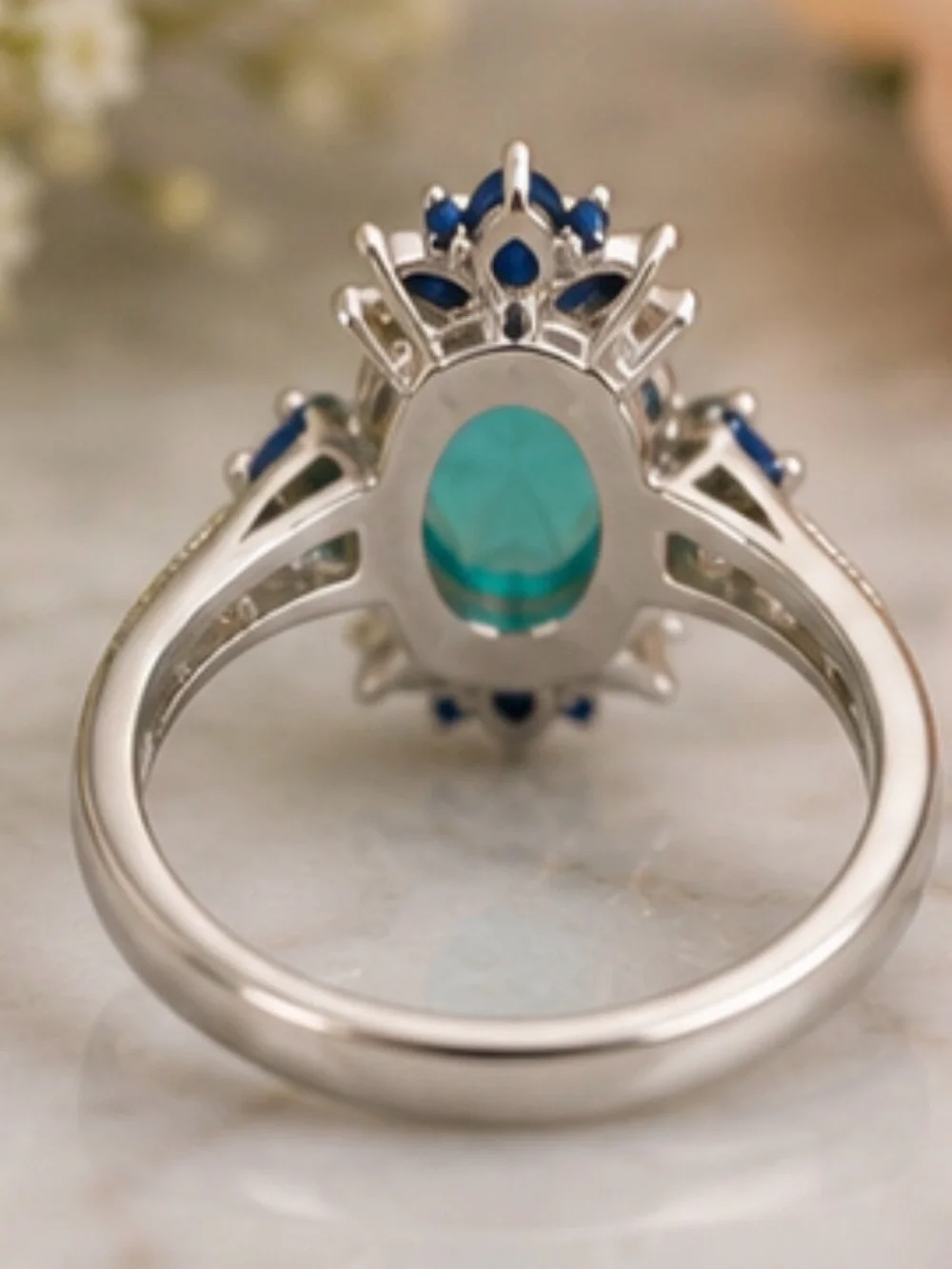 lab created blue and green stone, Rhodium Plated size 7